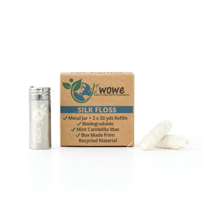 Natural Biodegradable Silk Dental Floss with Refillable Stainless Steel Metal Container