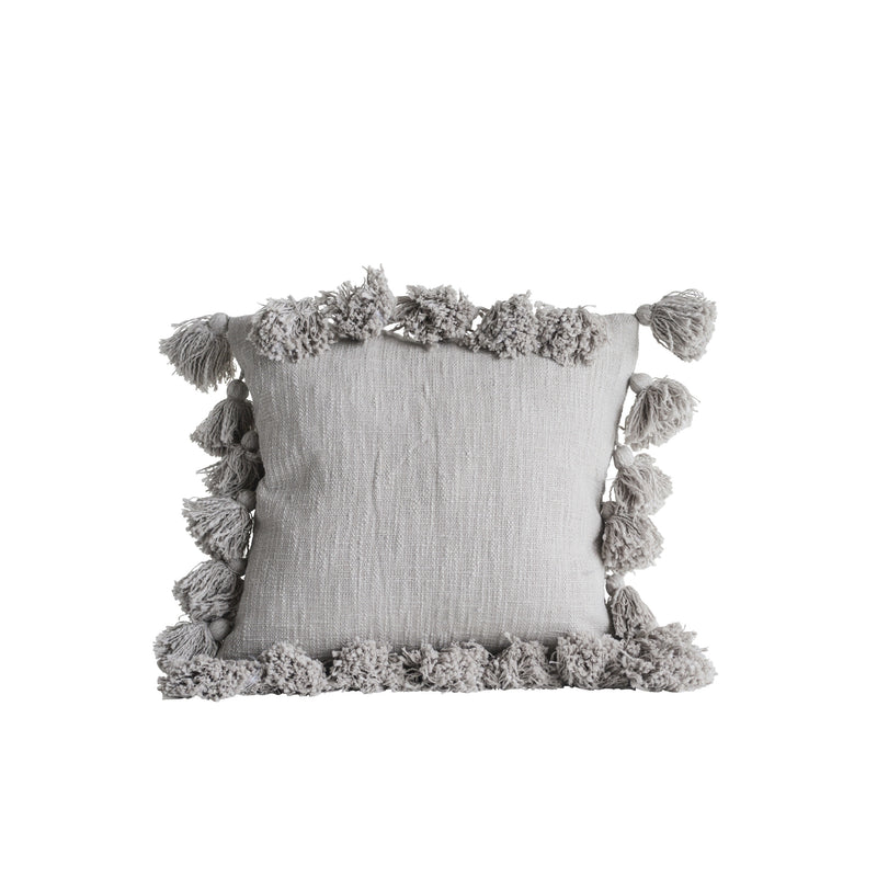 Cotton Pillow with Tassels, Grey