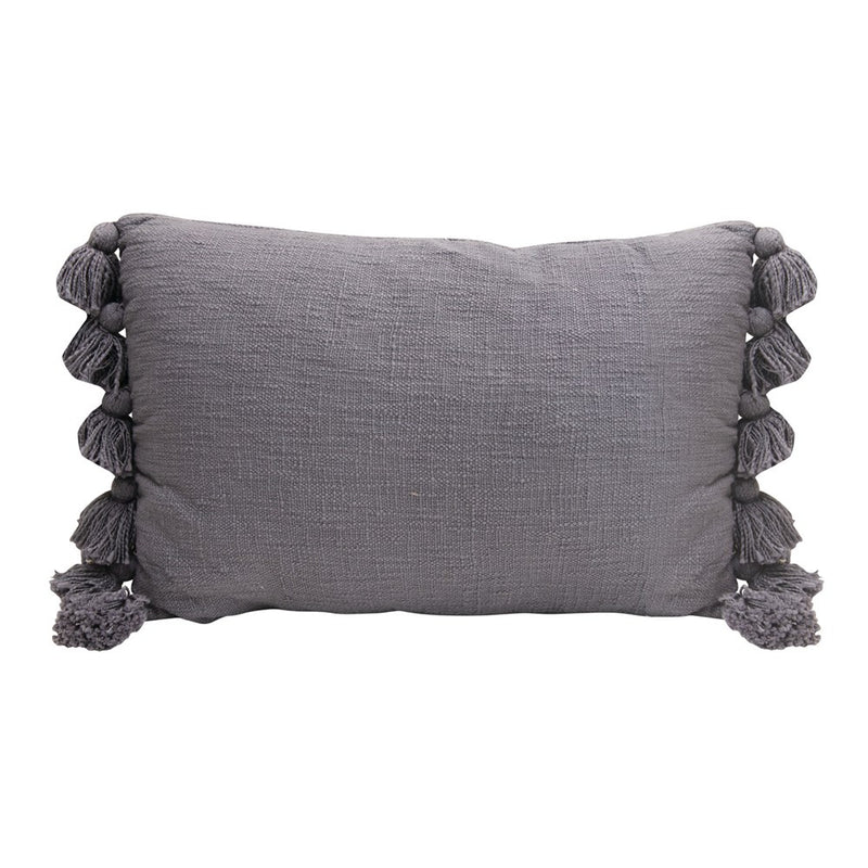 Cotton Slub Lumbar Pillow with Tassels - Light Grey