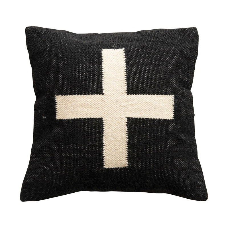 20" Square Wool Blend Pillow w/ Swiss Cross, Black & Cream Color