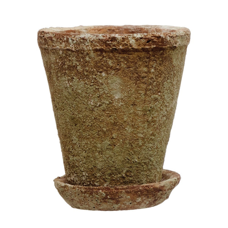 Cement Planter w/ Saucer, Distressed Terra-cotta Finish, (Holds 5" Pot)
