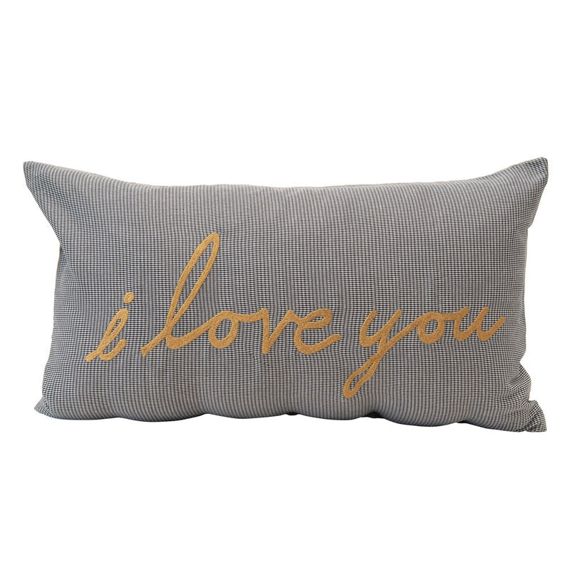 Woven Cotton Houndstooth Lumbar Pillow w/ Metallic Embroidery "I Love You", Black & Cream Color