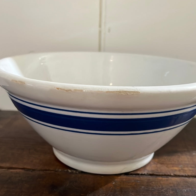 Vintage 10” Stoneware Triple Blue Band Mixing Bowl