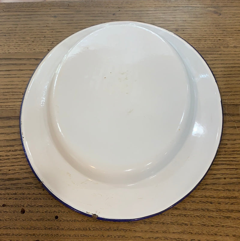 Vintage Oval White Enamelware Platter with Blue Trim