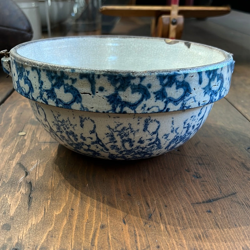 Antique Blue + White Stoneware Bowl with Wire Bale Handle