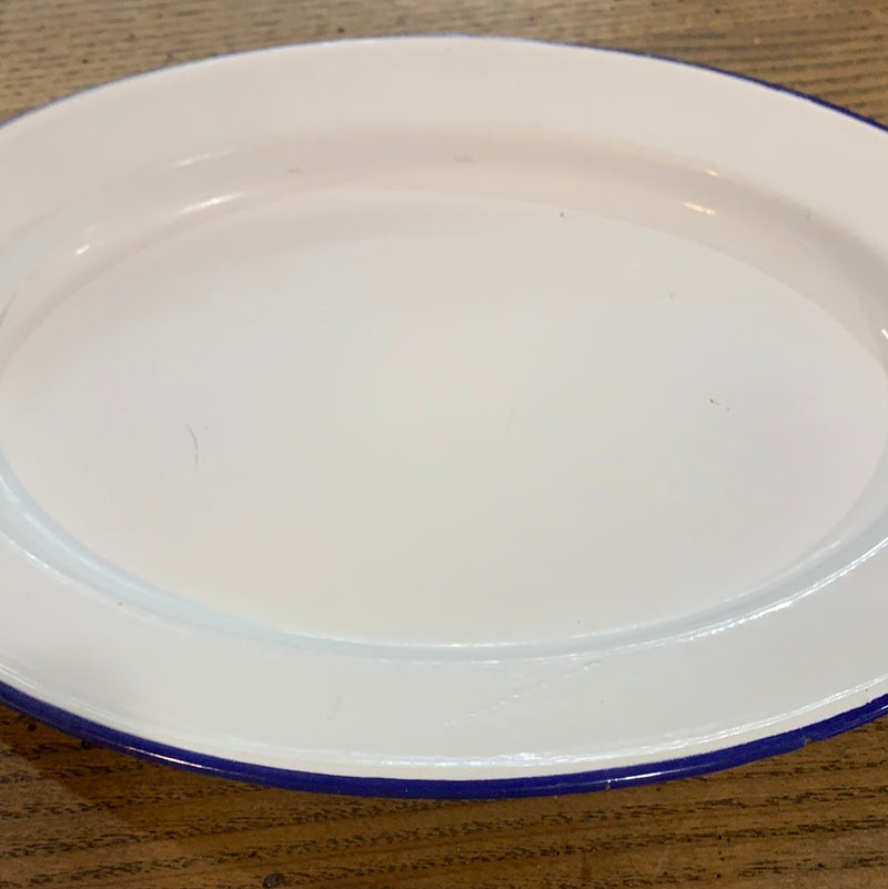 Vintage Oval White Enamelware Platter with Blue Trim