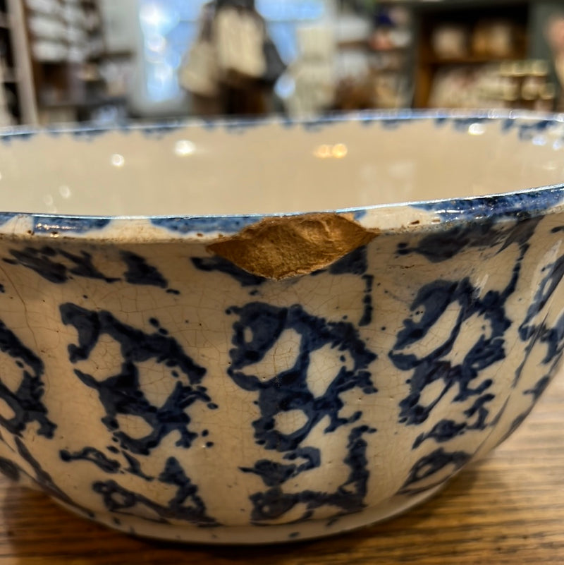 Antique 11” Blue + White Spongeware Bowl