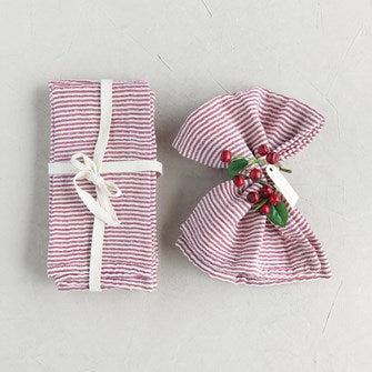 Square Cotton Napkins w/ Stripes, Red & Cream Color, Set of 4